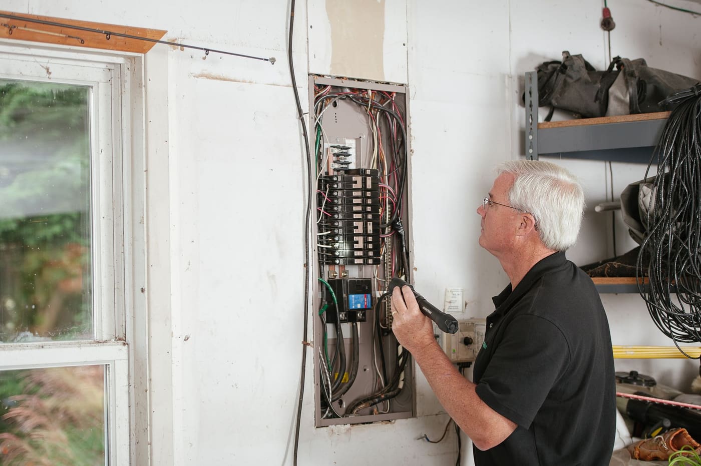 An electrician inspecting an open household fuse box on a wall, checking the wiring and breakers inside before starting work.