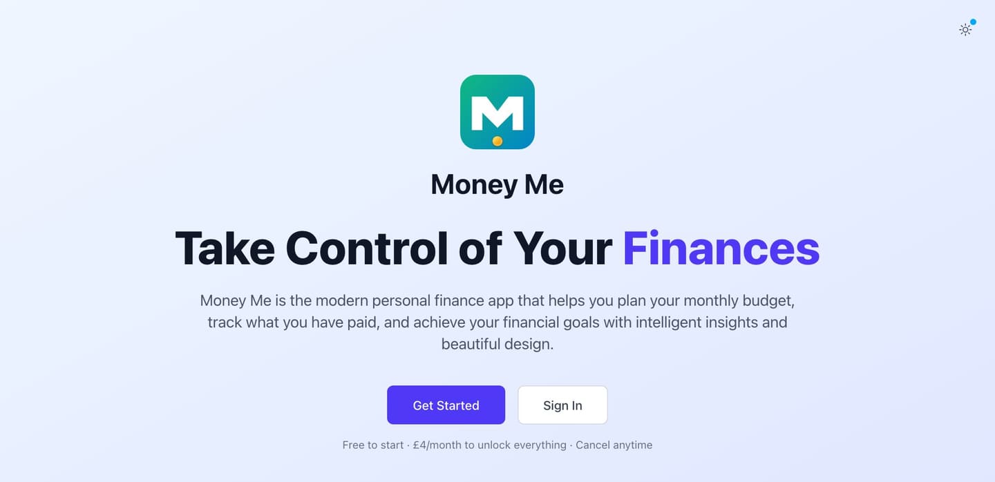 The Money-Me home page: the app name and mark, the line Take Control of Your Finances, a Get Started button and a Sign In button, and the price line free to start, four pounds a month to unlock everything.
