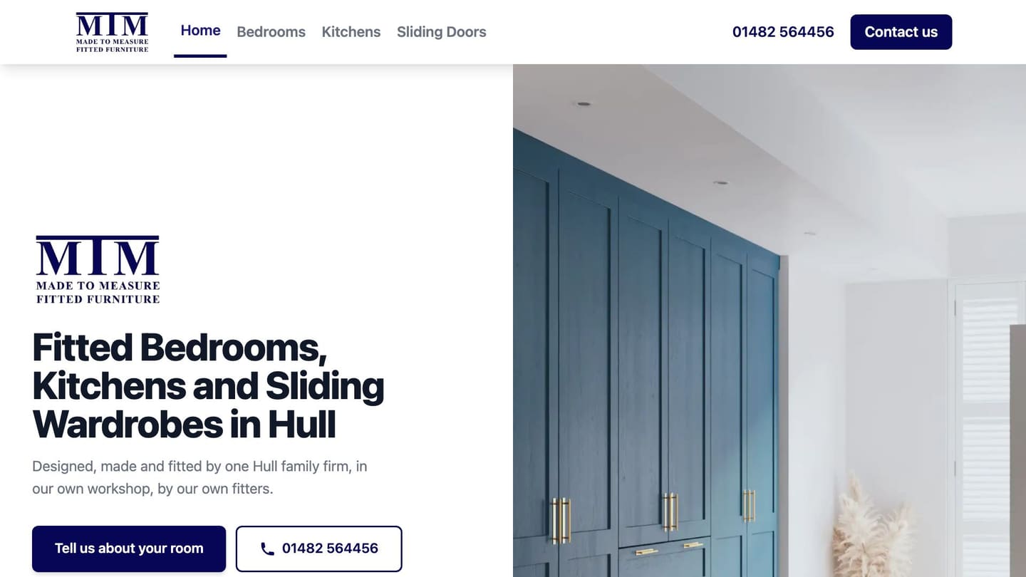 The MTM Fitted Furniture home page: the MTM made to measure mark, the heading Fitted Bedrooms, Kitchens and Sliding Wardrobes in Hull, a Tell us about your room button beside the phone number, and a photograph of a blue fitted wardrobe run.